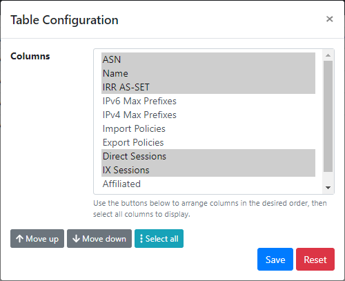 Table Configuration Table Config